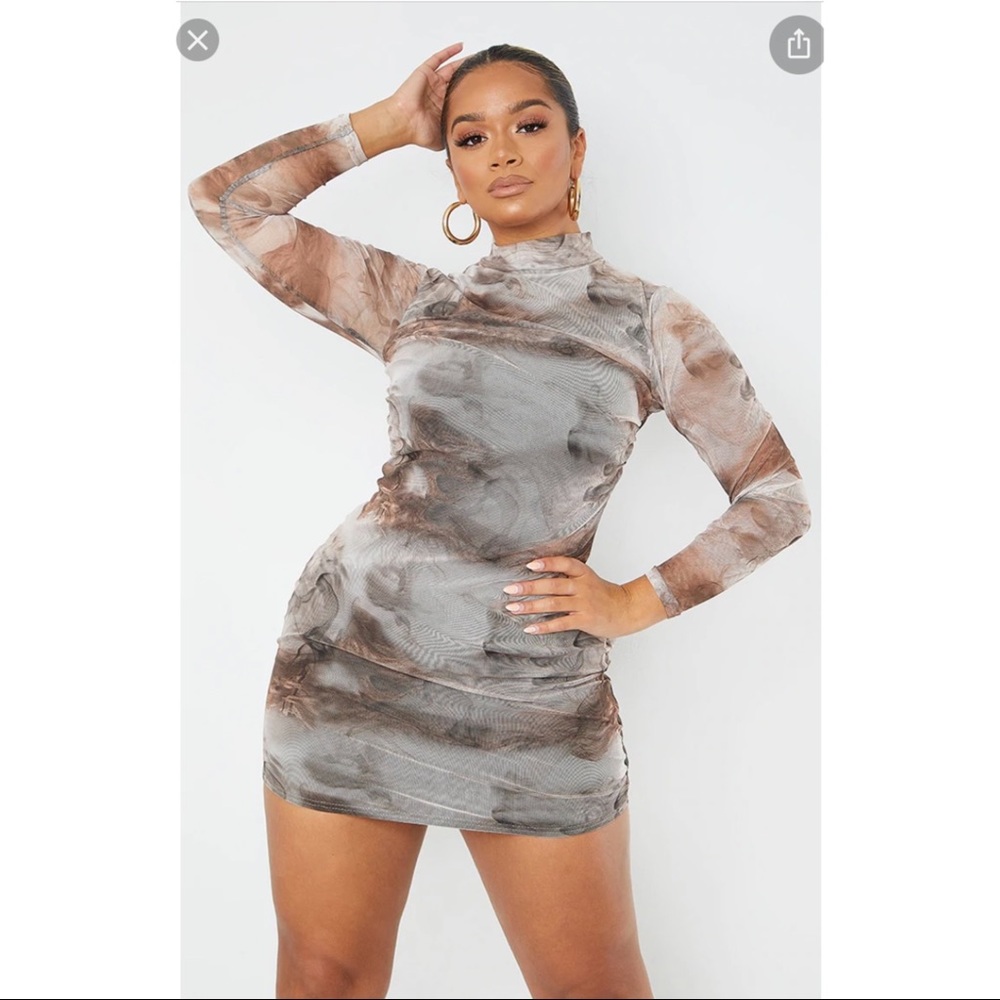 Shape brown smoke print mesh ruched high neck bodycon dress